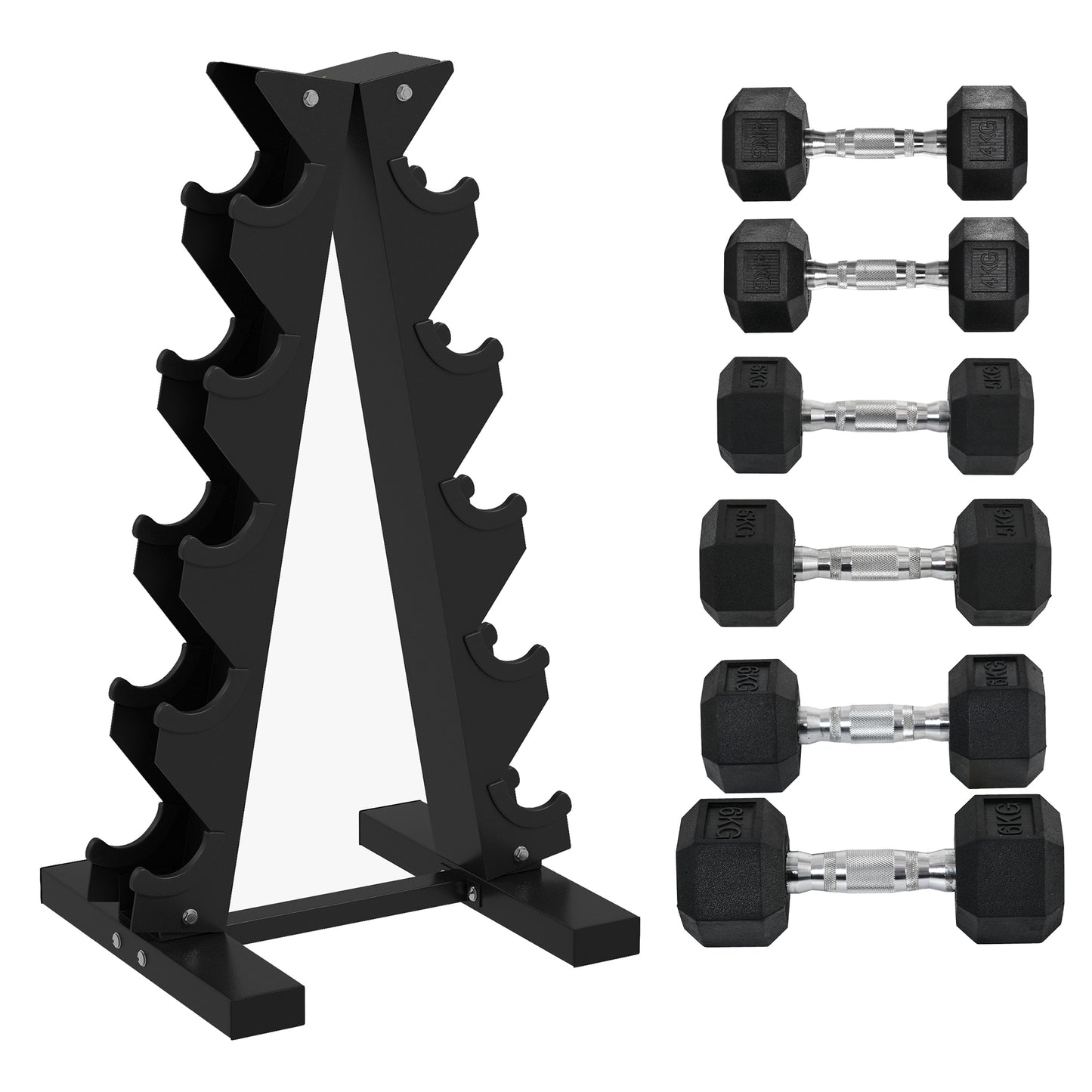 5-Tier Dumbbell Rack With 6 Hexagonal Rubber Dumbbells 2x4kg, 2x5kg, 2x6kg, Dumbbell Storage Stand Holder With Weights Sets For Home Gym Fitness, Black