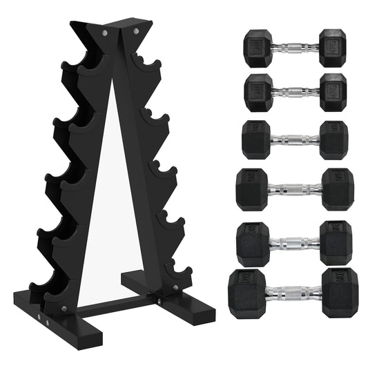 5-Tier Dumbbell Rack With 6 Hexagonal Rubber Dumbbells 2x4kg, 2x5kg, 2x6kg, Dumbbell Storage Stand Holder With Weights Sets For Home Gym Fitness, Black