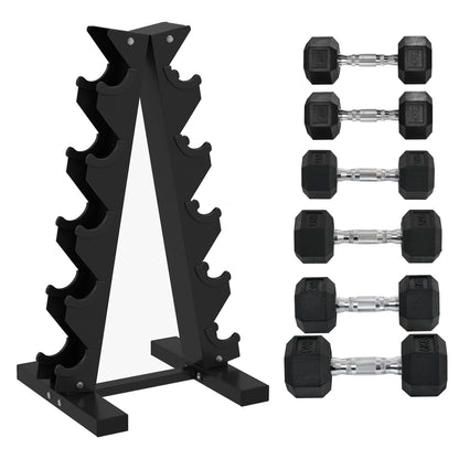 5-Tier Dumbbell Rack With 6 Hexagonal Rubber Dumbbells 2x4kg, 2x5kg, 2x6kg, Dumbbell Storage Stand Holder With Weights Sets For Home Gym Fitness, Black