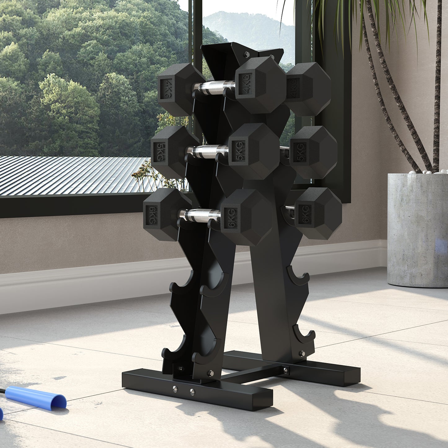 5-Tier Dumbbell Rack With 6 Hexagonal Rubber Dumbbells 2x4kg, 2x5kg, 2x6kg, Dumbbell Storage Stand Holder With Weights Sets For Home Gym Fitness, Black
